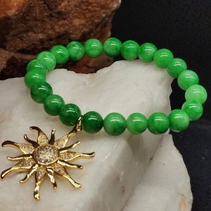 Natural Green Jade Bracelet Rhodium 18K Gold plated Pendant Sun Hypoallergenic